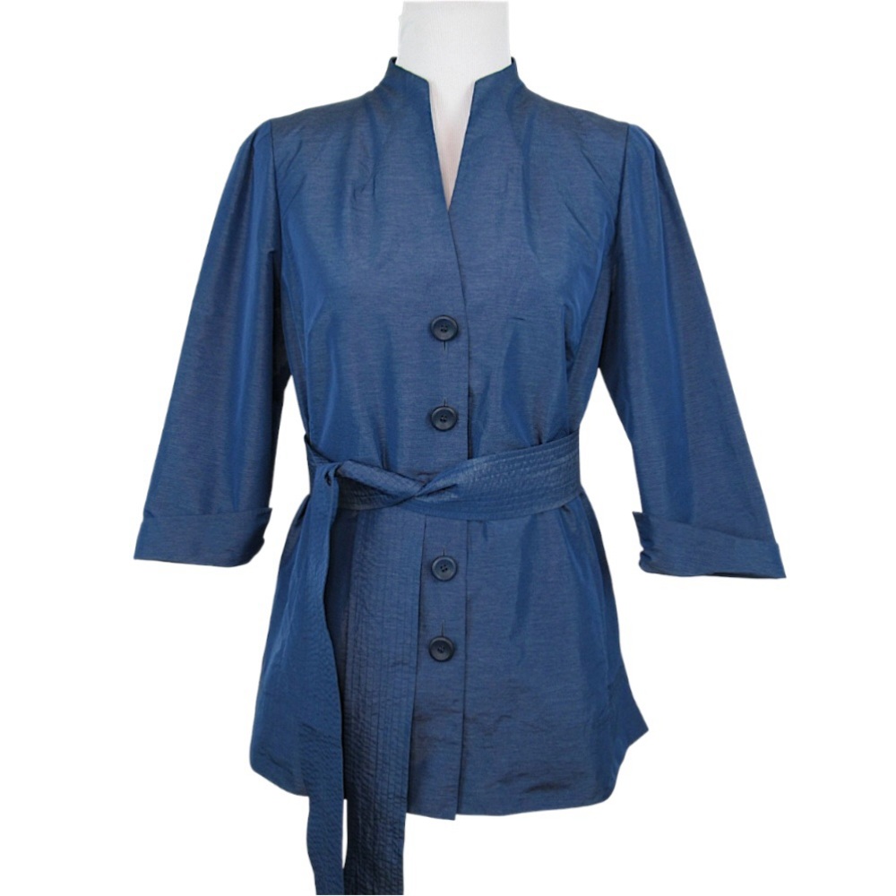 WORTH Blue Taffeta Mock Neck Belted Blazer Jacket 3/4 Sleeve Women's Size 12